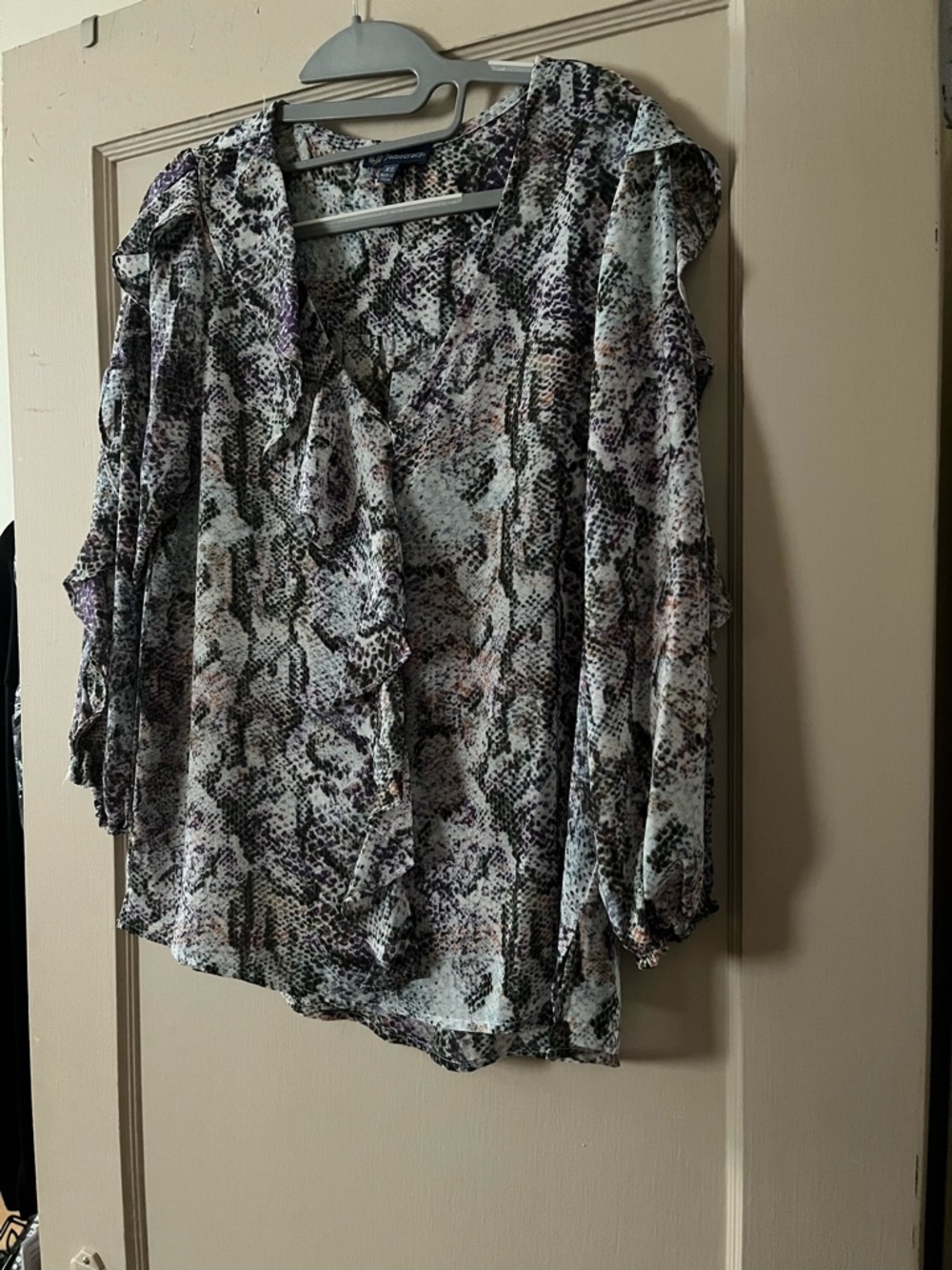 Democracy Snake-Print V-Neck Blouse in White, Black & Purple Accents